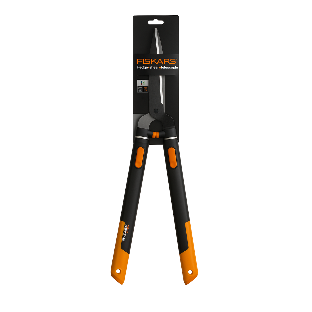 Fiskars HS86 Teleskopik Çit Makası 68-93 cm - ürünün ambalaj ve kullanım görünümü 3