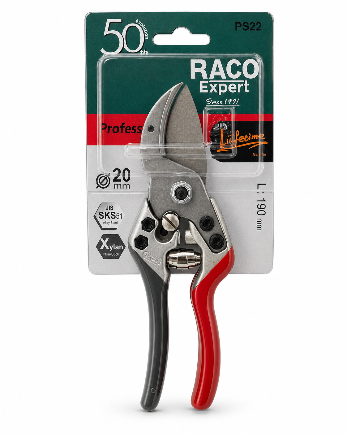 RACO Expert PS22 profesyonel budama makası 20 mm ambalaj görünümü