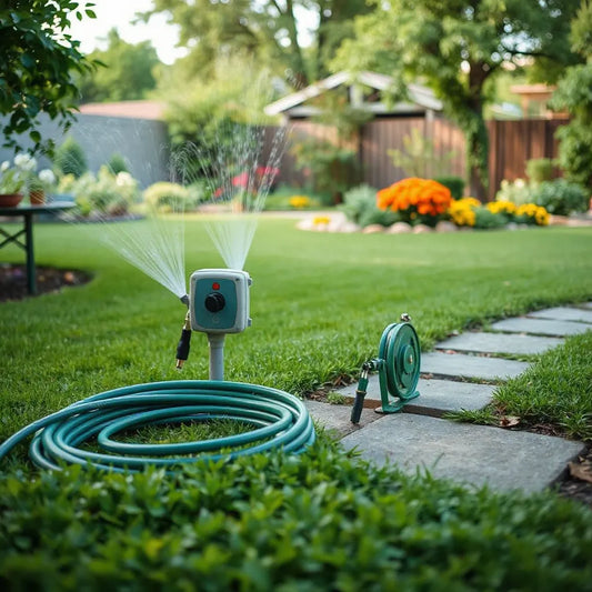 Bahçede sprinkler ve sulama hortumları, kontrol kutusu ile düzenli sulama kurulumu görülüyor