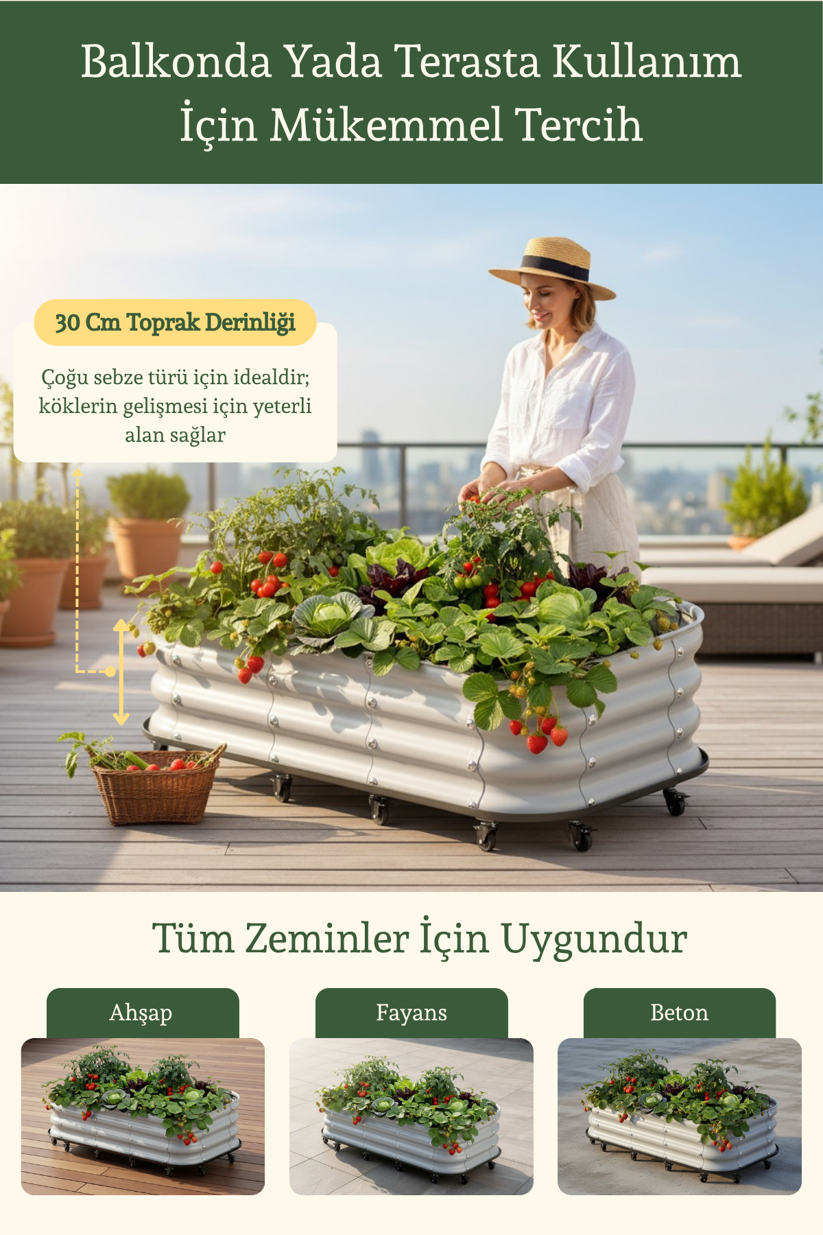 Alt Tablalı Balkon Sebze Yatağı | Tekerlekli, 110 × 60 × 30 cm, 198 Litre
