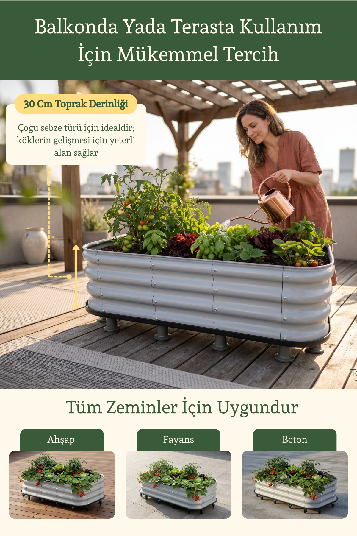 Alt Tablalı Balkon Sebze Yatağı | Sabit Ayaklı, 110 × 60 × 30 cm, 198 Litre