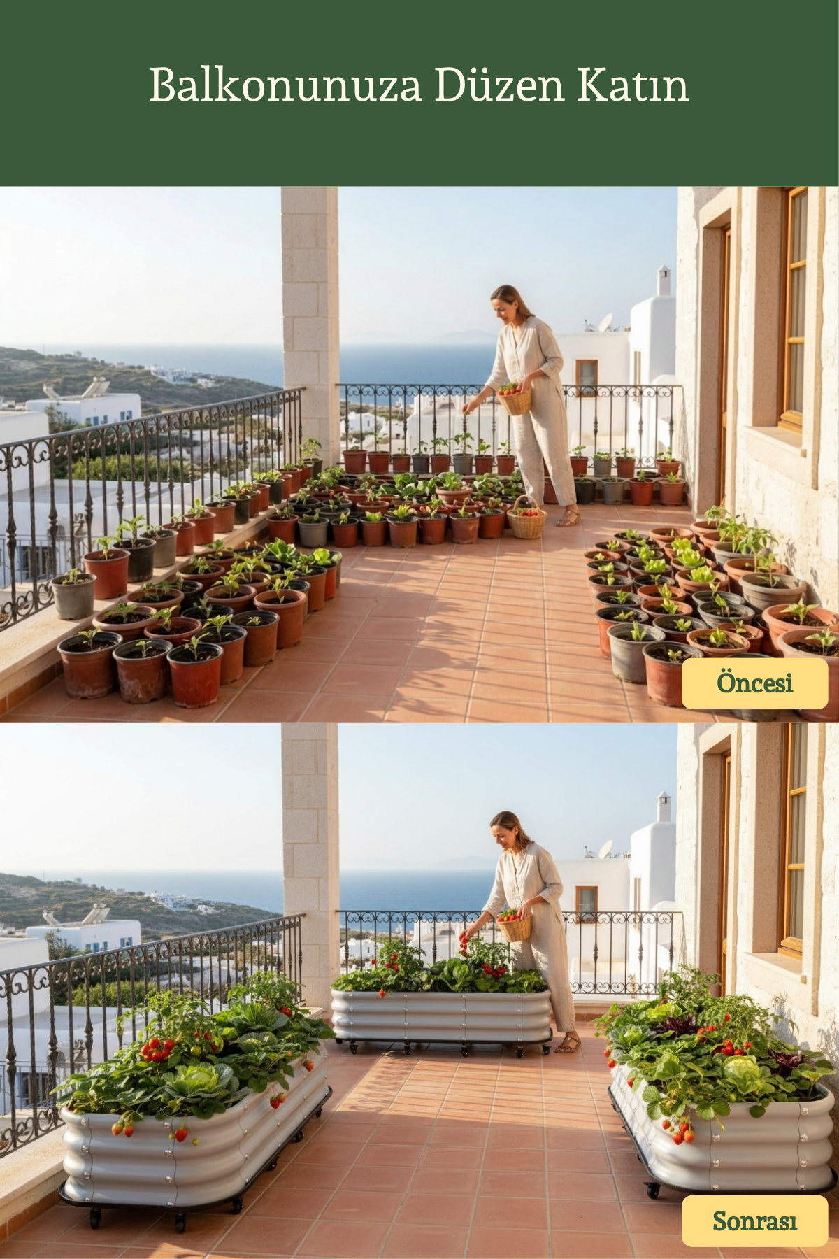 Alt Tablalı Balkon Sebze Yatağı | Tekerlekli, 110 × 60 × 30 cm, 198 Litre
