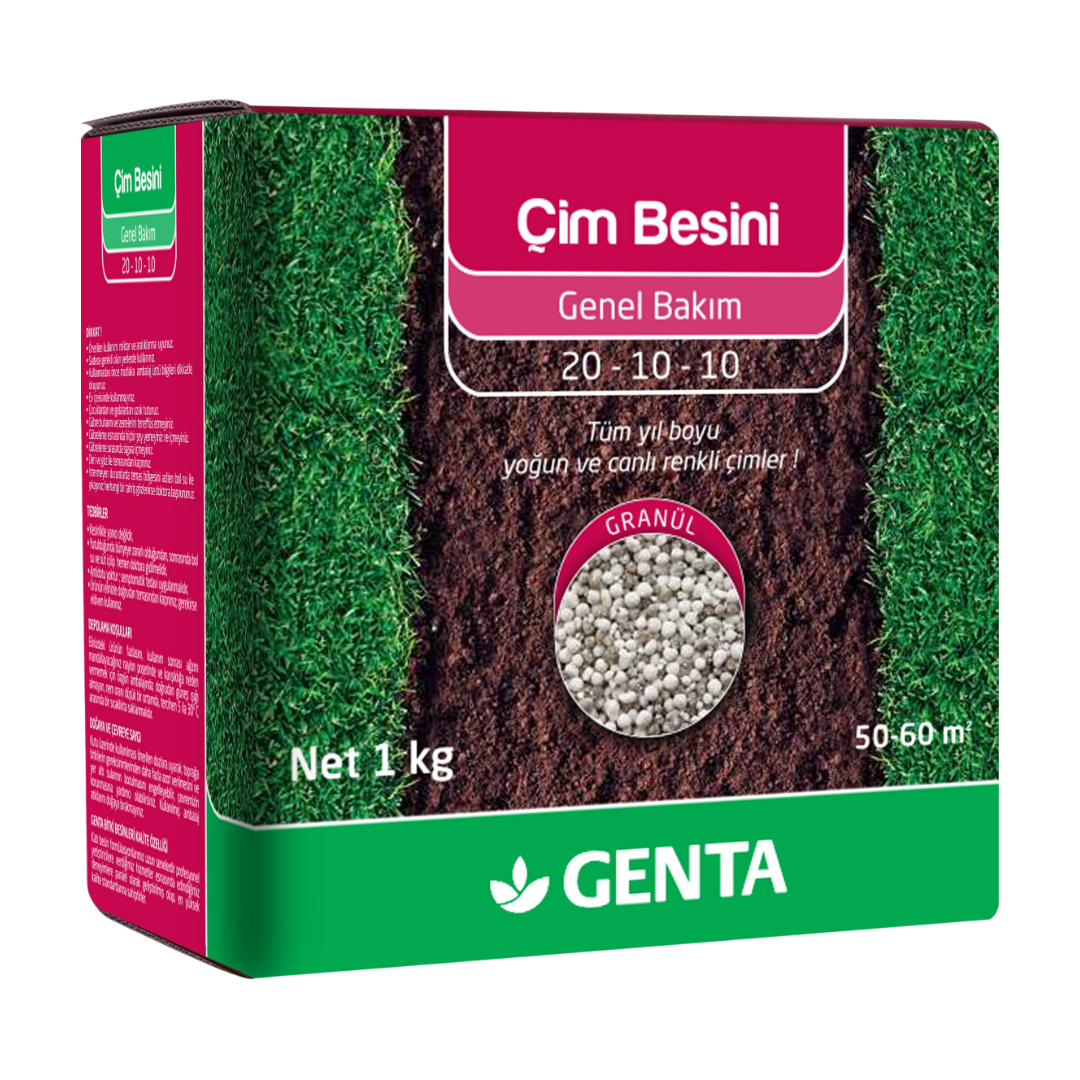 GENTA Çim Besini Genel Bakım 1 Kg | Granül Gübre 20-10-10 | Canlı ve Yoğun Görünümlü Çimler İçin