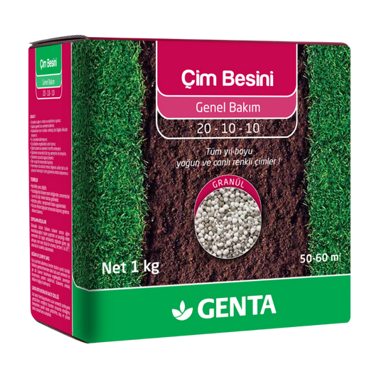 GENTA Çim Besini Genel Bakım 1 Kg | Granül Gübre 20-10-10 | Canlı ve Yoğun Görünümlü Çimler İçin