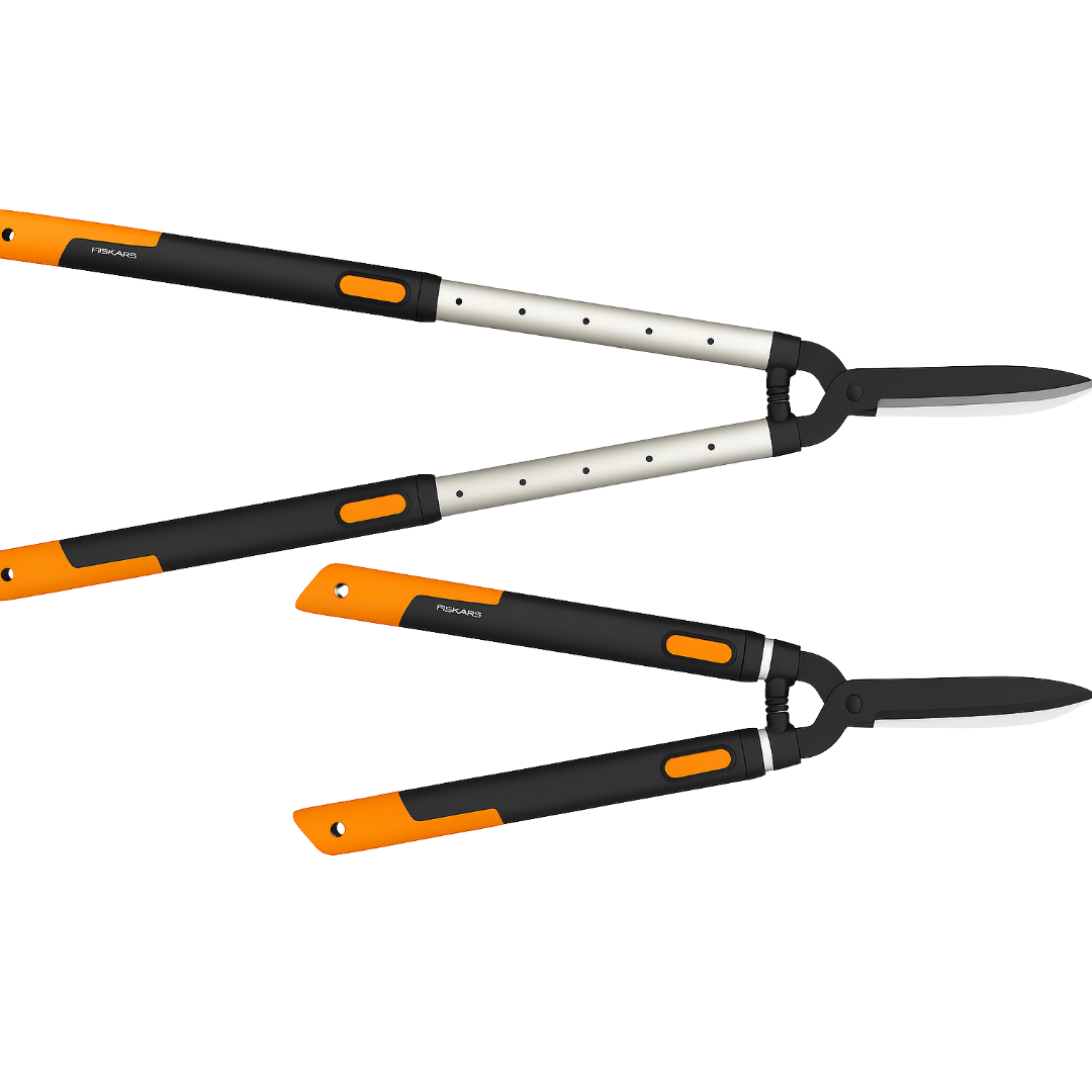 Fiskars HS86 Teleskopik Çit Makası 68-93 cm - ürünün ambalaj ve kullanım görünümü 2