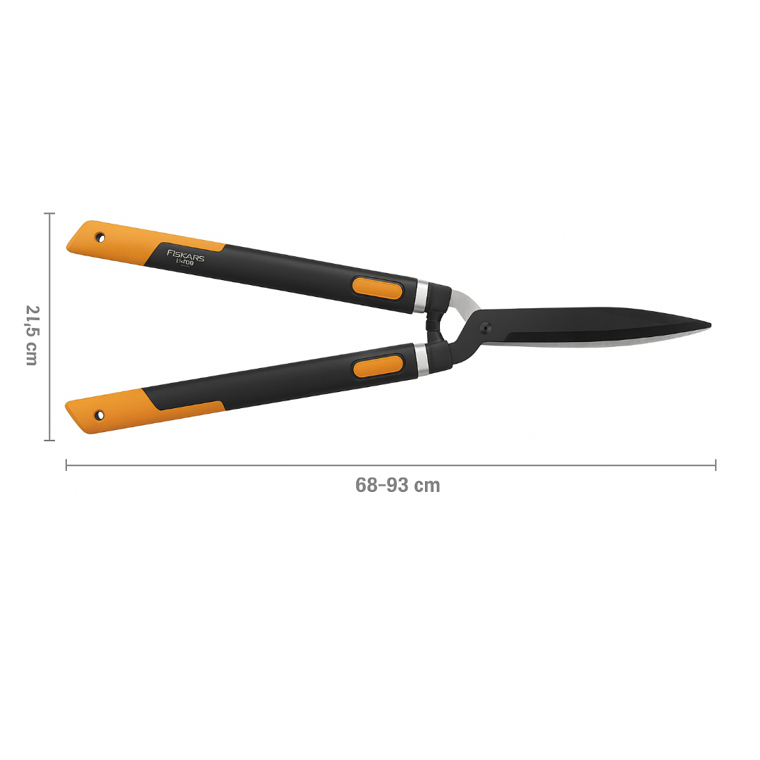 Fiskars HS86 Teleskopik Çit Makası 68-93 cm - ürünün ambalaj ve kullanım görünümü 1