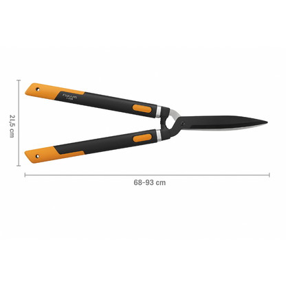 Fiskars HS86 Teleskopik Çit Makası 68-93 cm - ürünün ambalaj ve kullanım görünümü 1