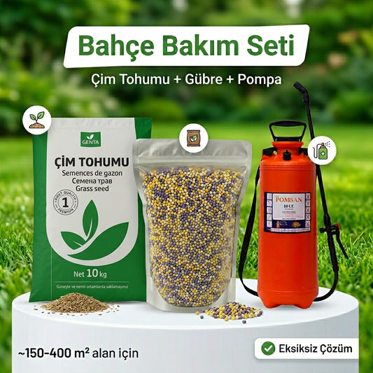 Eksiksiz bahçe bakım seti - çim tohumu gübre ve pompa