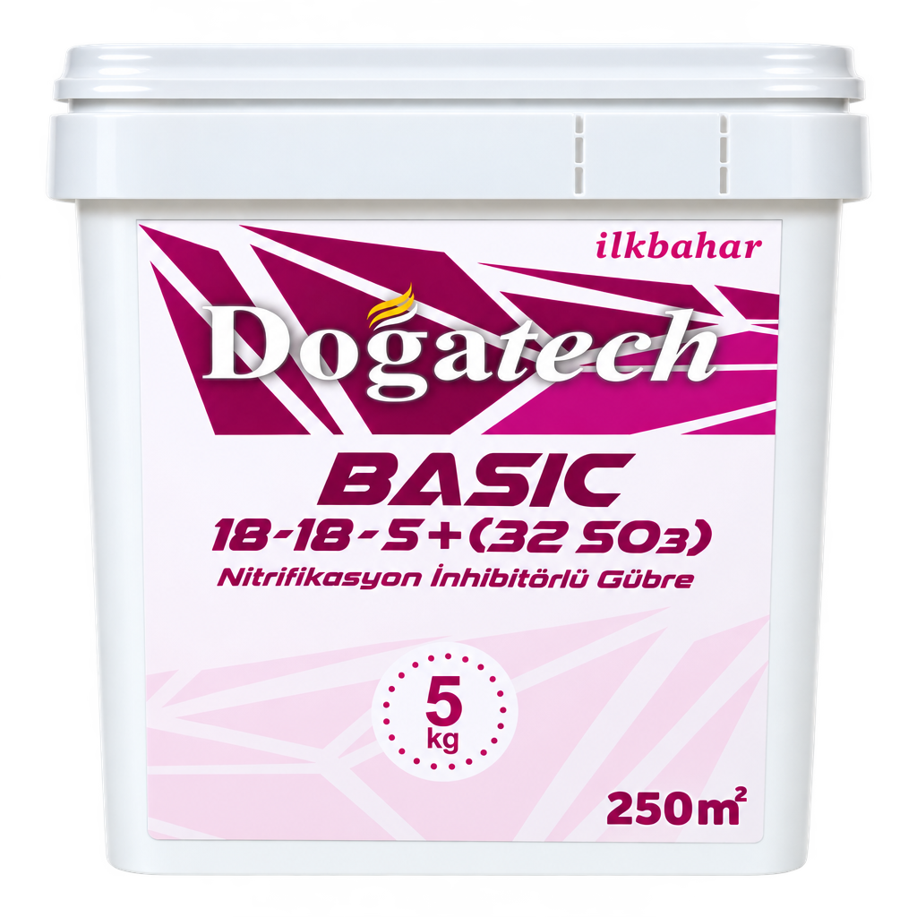 Doğatech BASIC 18-18-5 + %32 SO₃ nitrifikasyon inhibitörlü gübre 5 kg kova ambalajı, ilkbahar etiketli