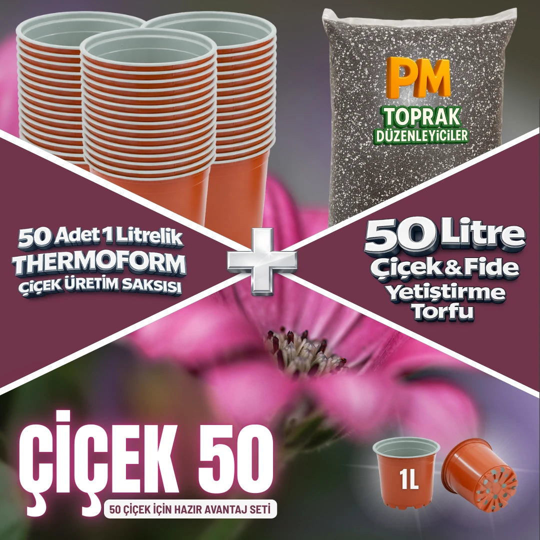 Çiçek 50 Avantaj Seti – 50 Adet 1 Litrelik Thermoform Saksı + 50 Litre Çiçek ve Fide Torfu - paketli toprak karışımı görseli