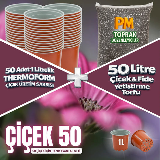 Çiçek 50 Avantaj Seti – 50 Adet 1 Litrelik Thermoform Saksı + 50 Litre Çiçek ve Fide Torfu - paketli toprak karışımı görseli
