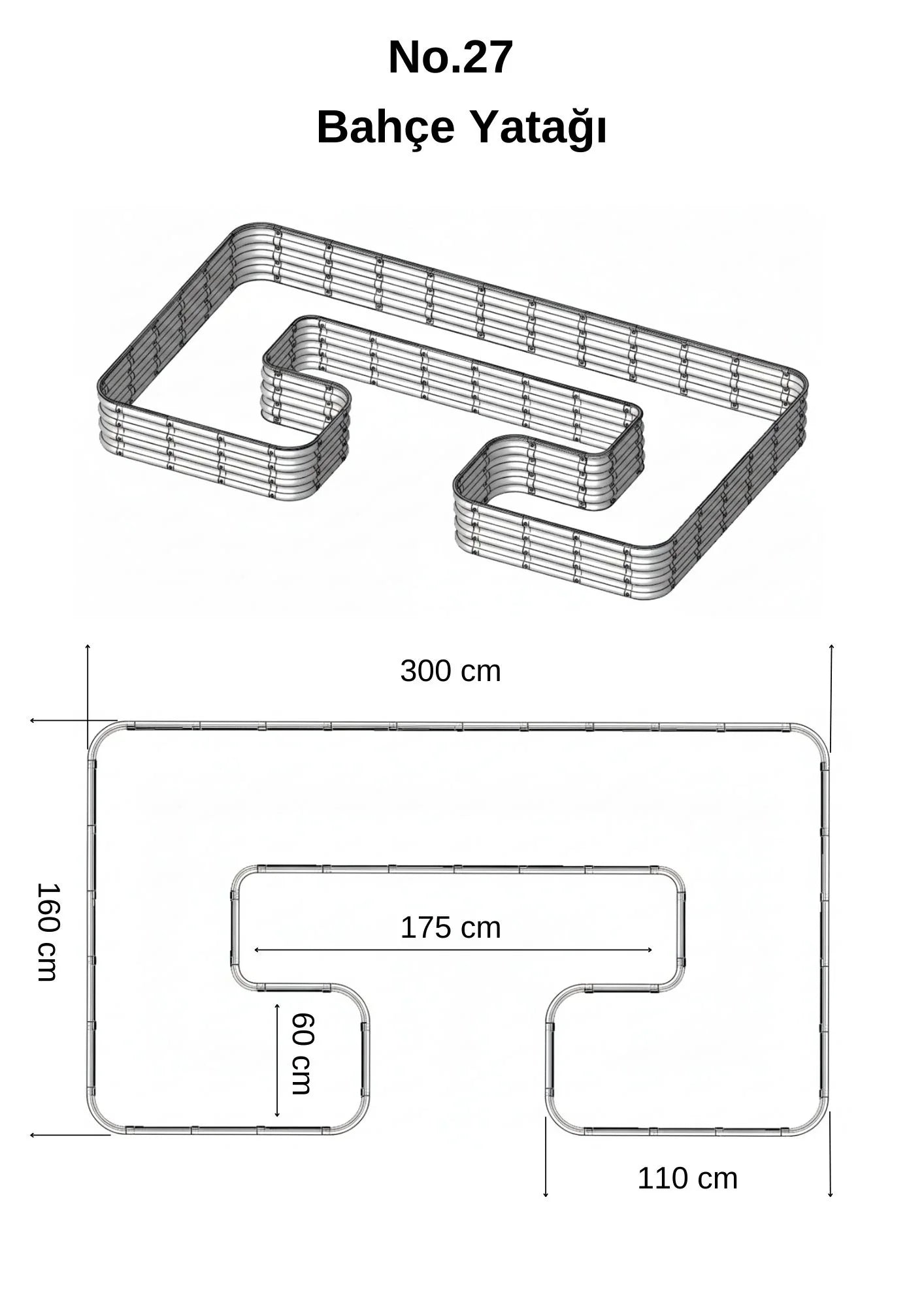 Şekilli bahçe yatağı No:27 bej – U formu 300x165x30 cm, bahçede sebze ekili kullanım