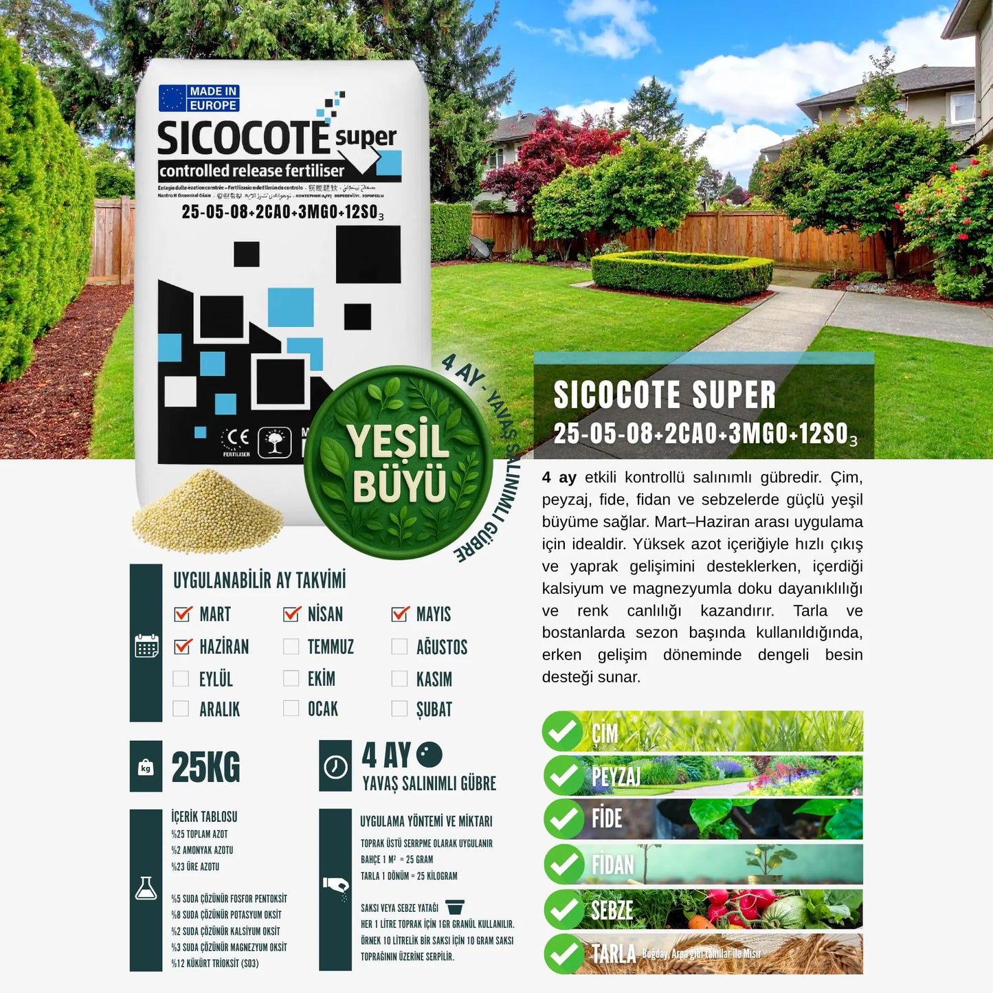 SICOCOTE® Super Kontrollü Salınımlı Gübre 25-5-8 + 2CaO + 3MgO + 12SO₃ | 3-4 Ay Etkili | Made in EU | 25Kg