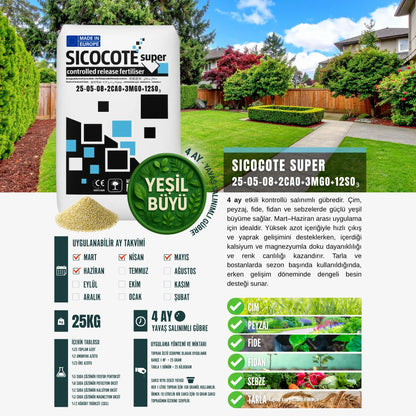 SICOCOTE® Super Kontrollü Salınımlı Gübre 25-5-8 + 2CaO + 3MgO + 12SO₃ | 3-4 Ay Etkili | Made in EU | 25Kg