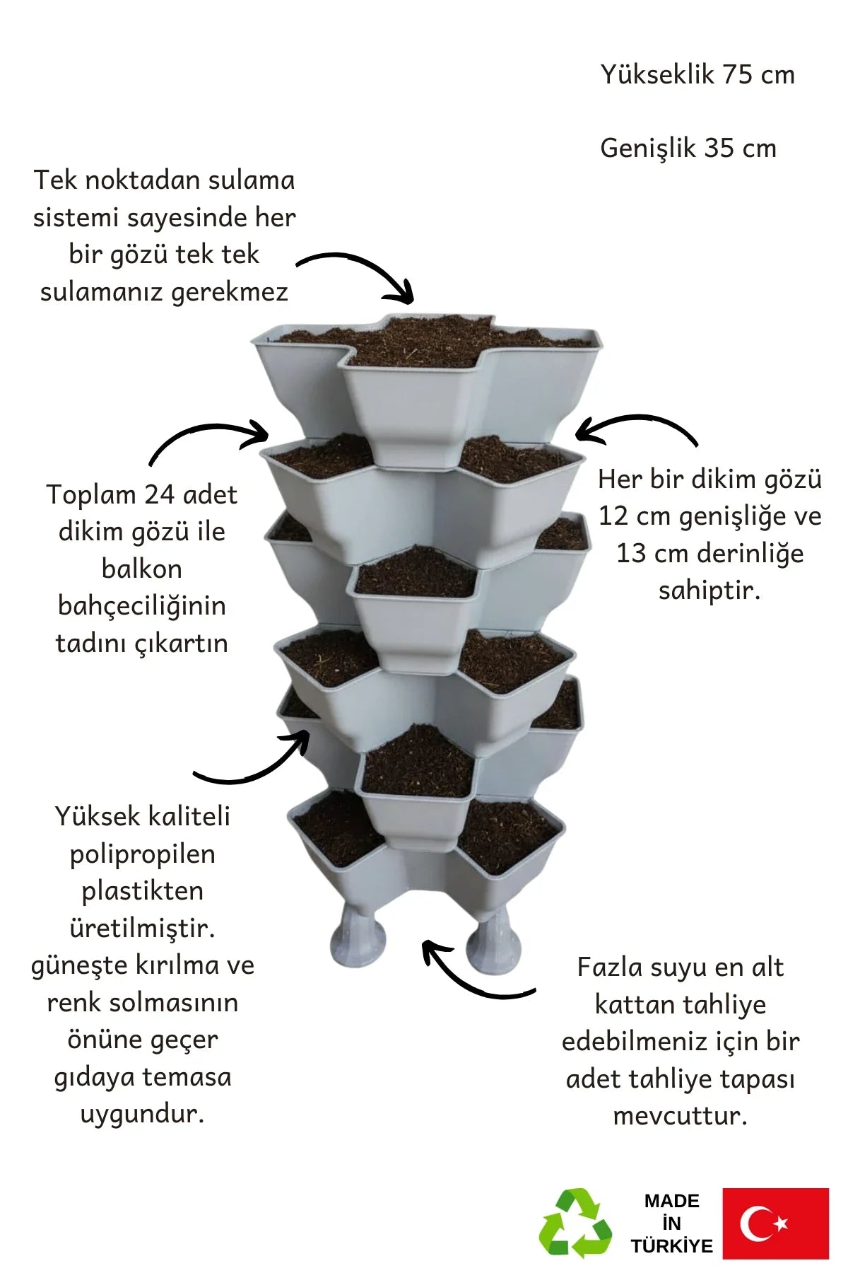 Yonca sabit bahçe kulesi 6 kat – 24 gözlü dikey tarım kulesi, 35 cm taban