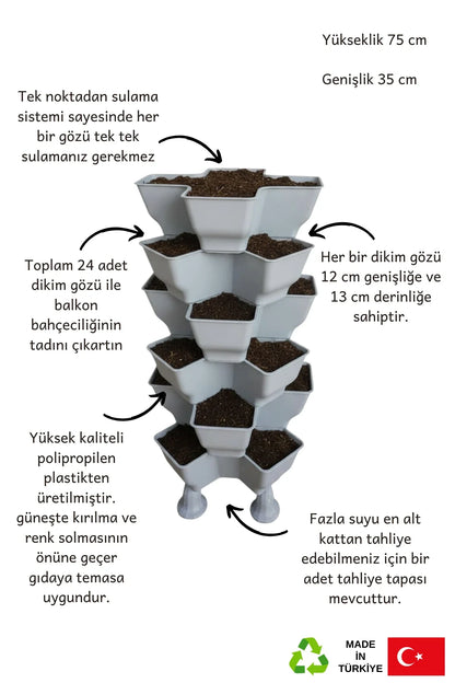 Yonca sabit bahçe kulesi 6 kat – 24 gözlü dikey tarım kulesi, 35 cm taban