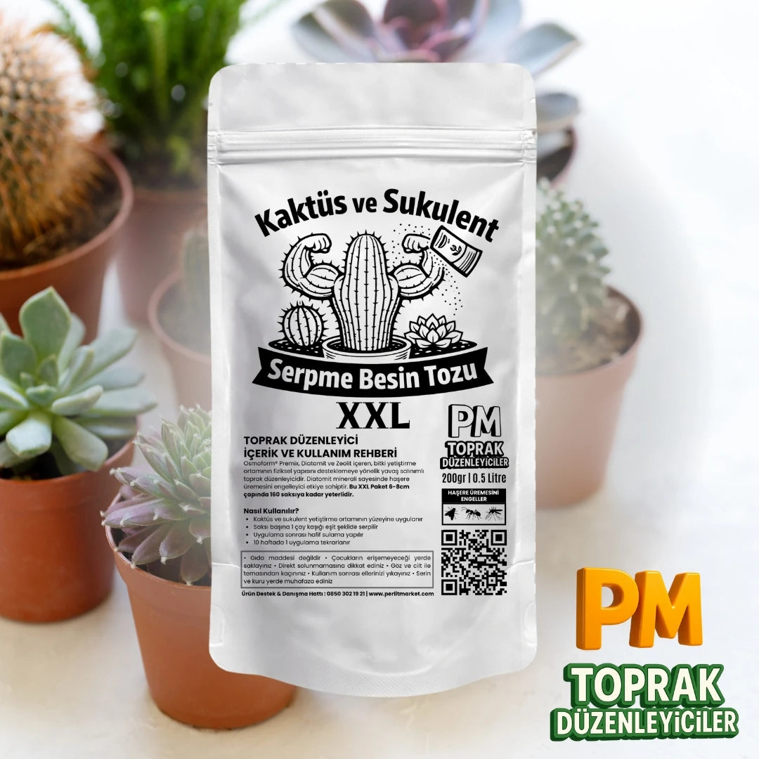 Kaktüs ve Sukulent Serpme Besin Tozu XXL – 200g (160 Saksıya Kadar) - ürünün ambalaj ve kullanım görünümü 1