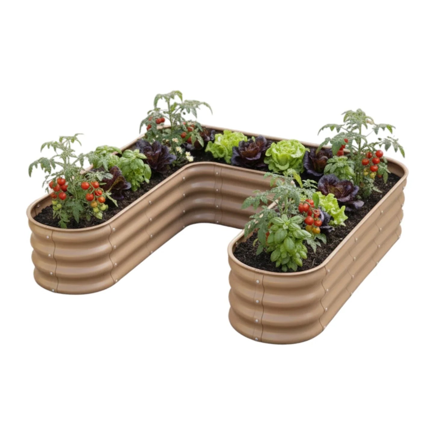 Şekilli bahçe yatağı No:23 bej – U formu 110x110x30 cm, bahçede sebze ekili kullanım