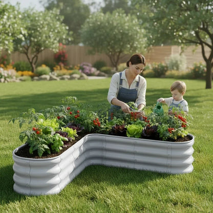 Şekilli bahçe yatağı No:19 bej – L formu 110x110x30 cm, bahçede sebze ekili kullanım