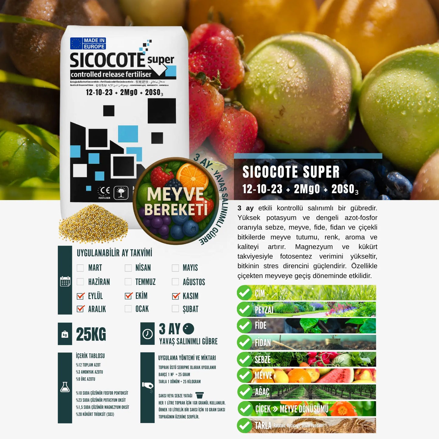 SICOCOTE Super CRF 12-10-23 + 2MgO + 20SO₃ | Kontrollü Salınımlı Granül Gübre | 25 KG | Made in EU