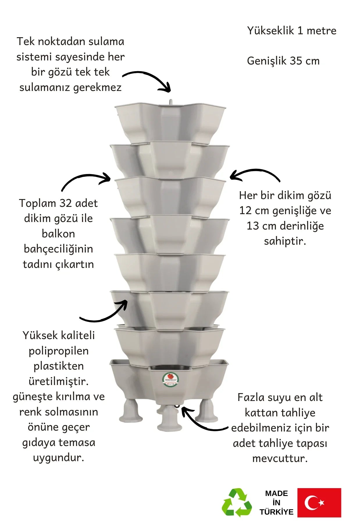 Yonca sabit bahçe kulesi 8 kat – 32 gözlü dikey tarım kulesi, 100 cm yükseklik