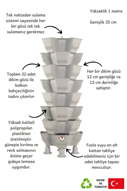 Yonca sabit bahçe kulesi 8 kat – 32 gözlü dikey tarım kulesi, 100 cm yükseklik