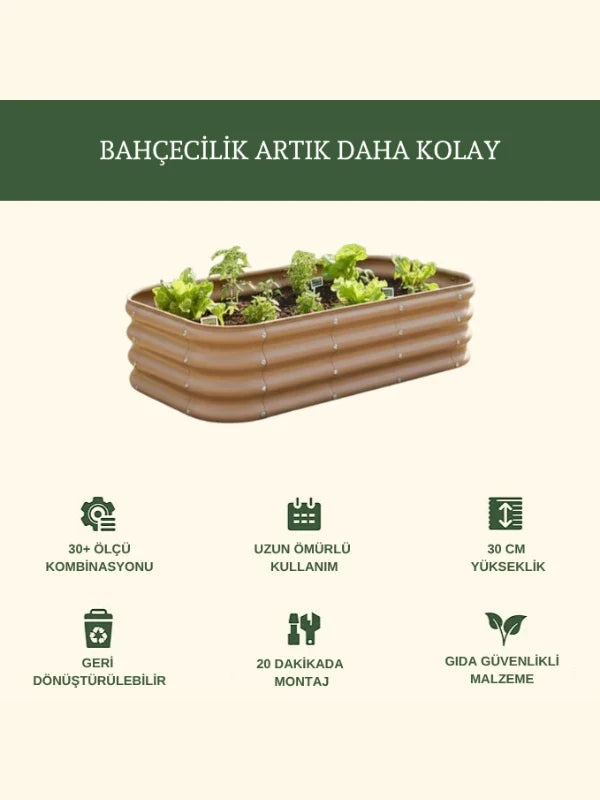 Şekilli bahçe yatağı No:23 bej – U formu 110x110x30 cm, bahçede sebze ekili kullanım