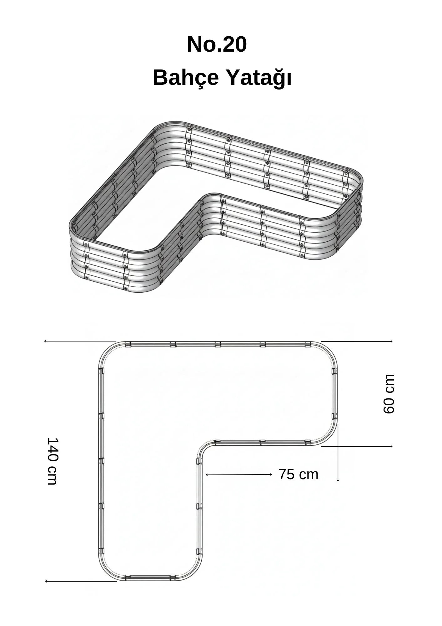 Şekilli bahçe yatağı No:20 bej – L formu 140x140x30 cm, bahçede sebze ekili kullanım