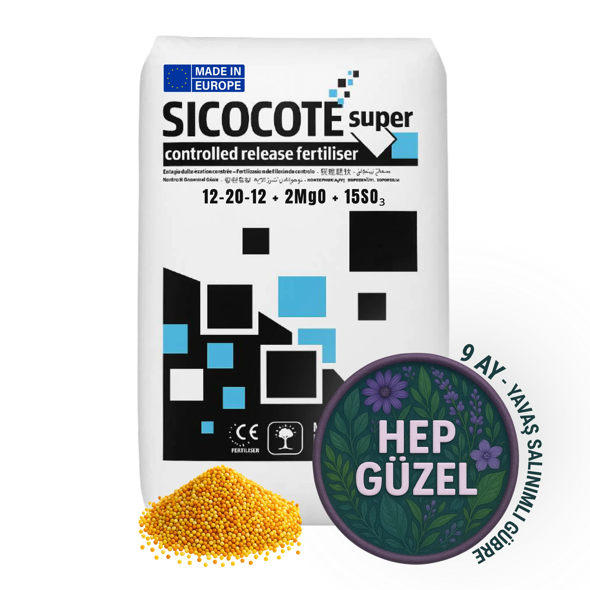 SICOCOTE Super Kontrollü Salınımlı Gübre (CRF) – NPK 12-20-12 + 2MgO + 15SO₃. | Made in EU | 25Kg