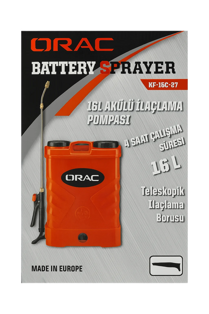 ORAC KF‑16C‑27 Akülü İlaçlama Makinesi – 16L Sırt Tipi İlaçlama Makinesi, 12V, 8Ah, 4 Bar, Sırt Pülverizatör