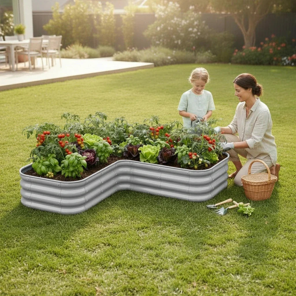 Şekilli bahçe yatağı No:20 bej – L formu 140x140x30 cm, bahçede sebze ekili kullanım