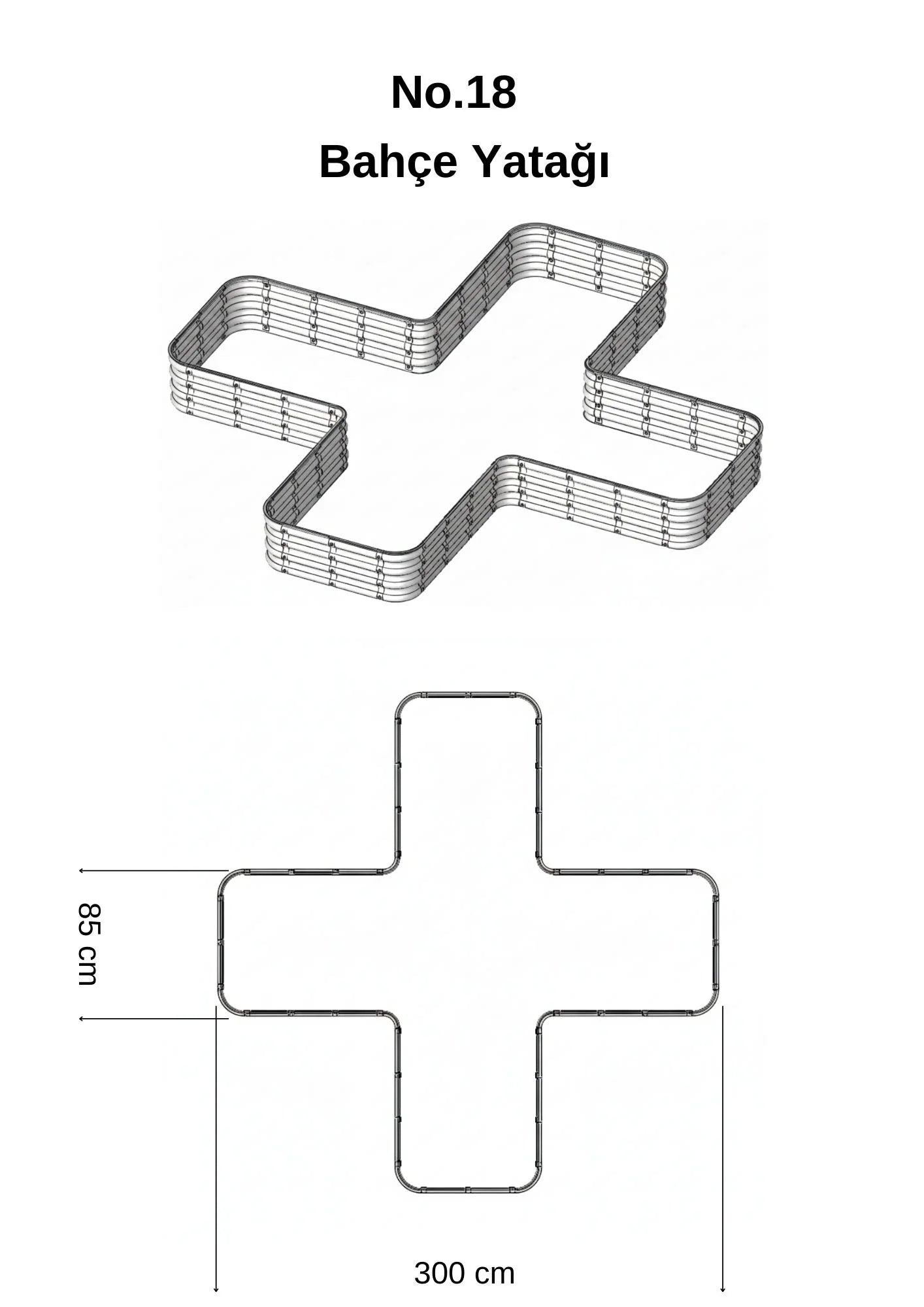 Şekilli bahçe yatağı No:18 bej – artı formu 300x300x30 cm, bahçede sebze ekili kullanım