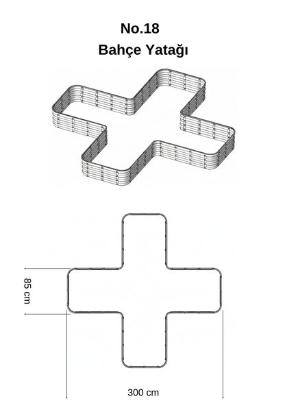 Şekilli bahçe yatağı No:18 bej – artı formu 300x300x30 cm, bahçede sebze ekili kullanım