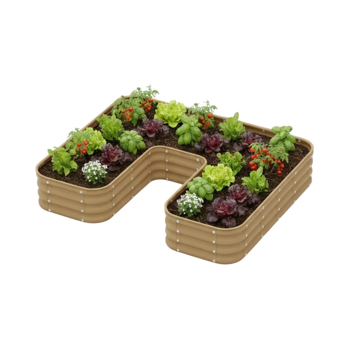 Şekilli bahçe yatağı No:24 bej – U formu 165x140x30 cm, bahçede sebze ekili kullanım