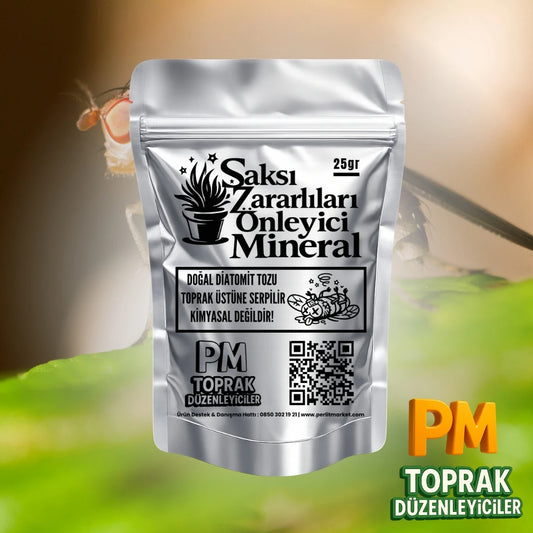 Saksı Zararlıları Önleyici Mineral | %100 Doğal Toprak Üstü Serpme Toz 25 g - paketli toprak karışımı görseli 1