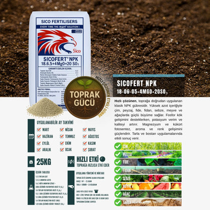 Sıcofert NPK 18.6.5 + 18 SO₃ + 14 CaO + 1 MgO Yavaş Salınımlı Granül Gübre (MOP Bazlı) 25 KG