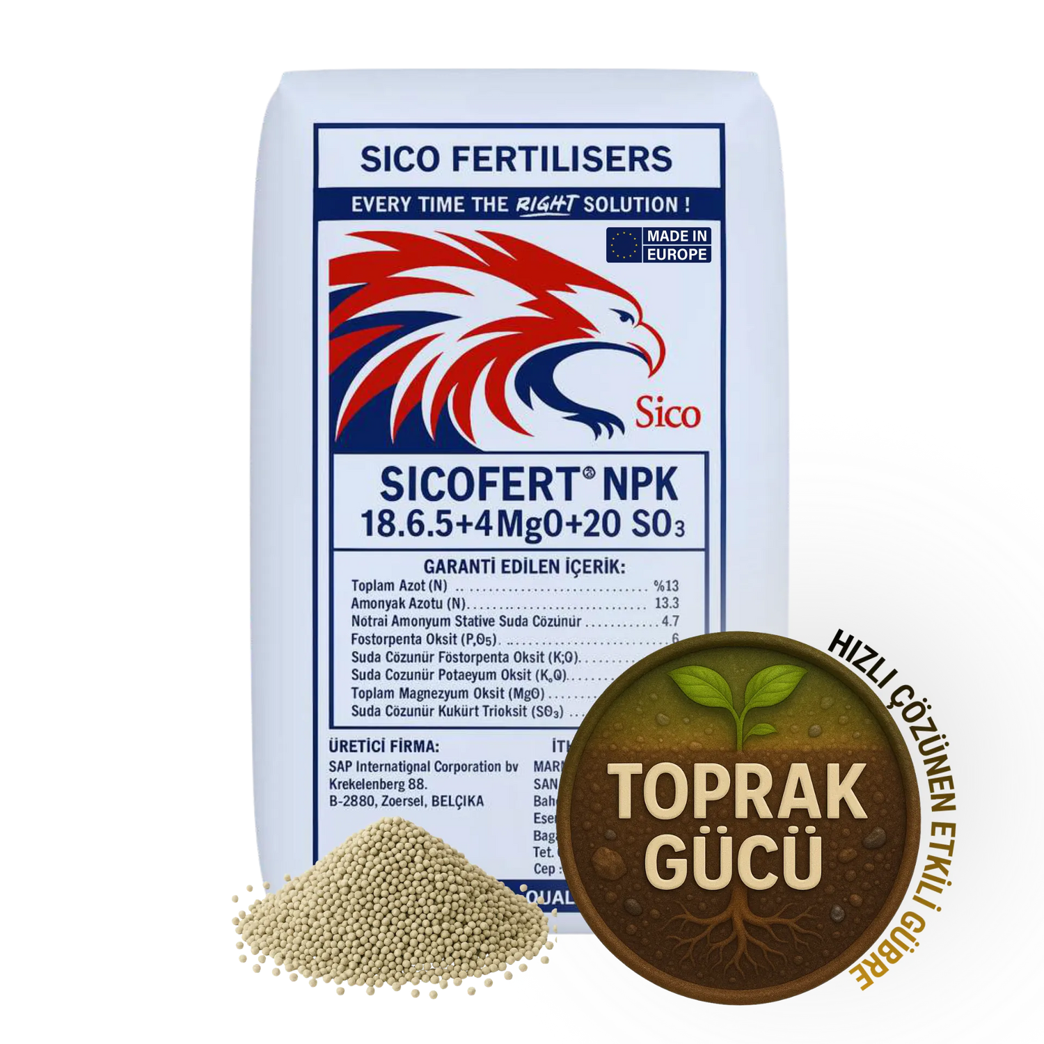 Sıcofert NPK 18.6.5 + 18 SO₃ + 14 CaO + 1 MgO Yavaş Salınımlı Granül Gübre (MOP Bazlı) 25 KG
