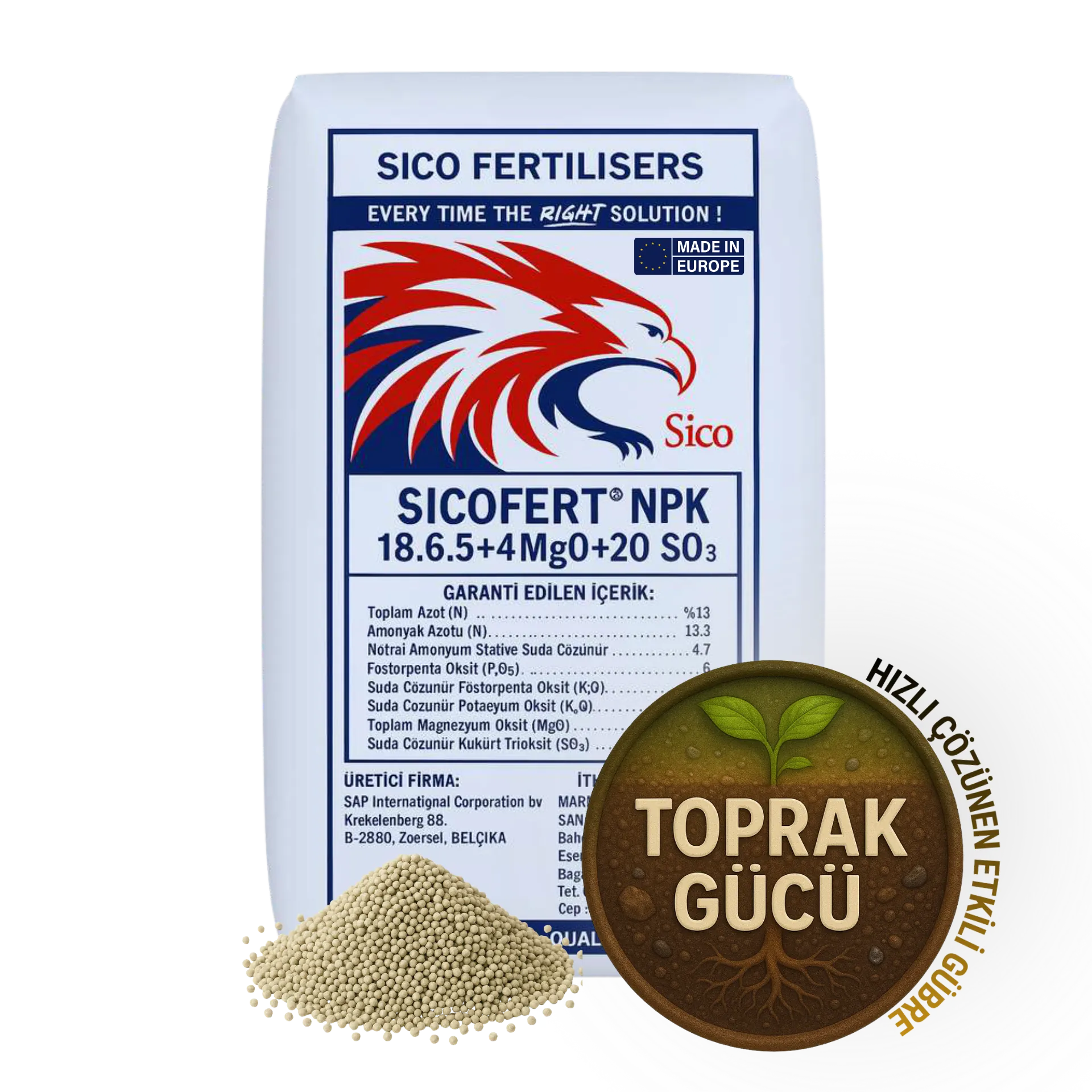 Sıcofert NPK 18.6.5 + 18 SO₃ + 14 CaO + 1 MgO Yavaş Salınımlı Granül Gübre (MOP Bazlı) 25 KG