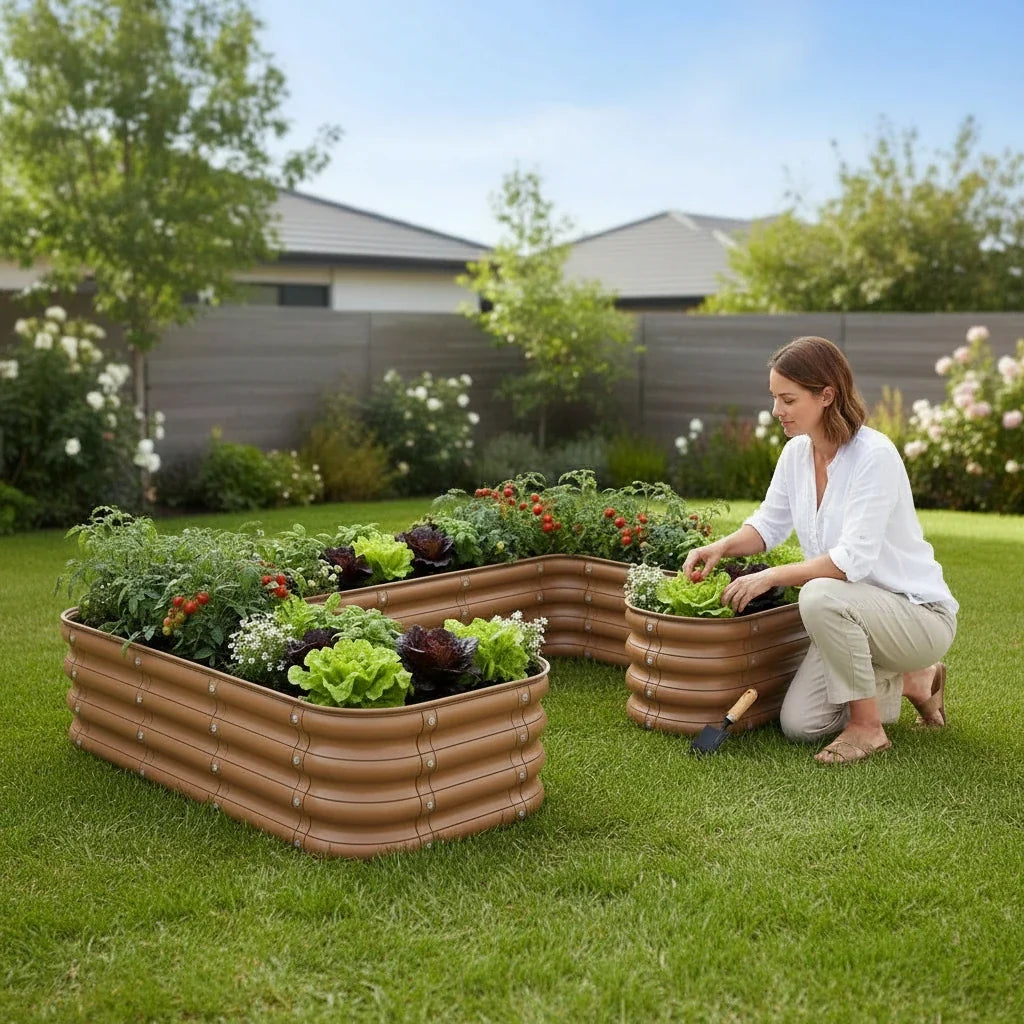 Şekilli bahçe yatağı No:26 bej – U formu 165x110x30 cm, bahçede sebze ekili kullanım
