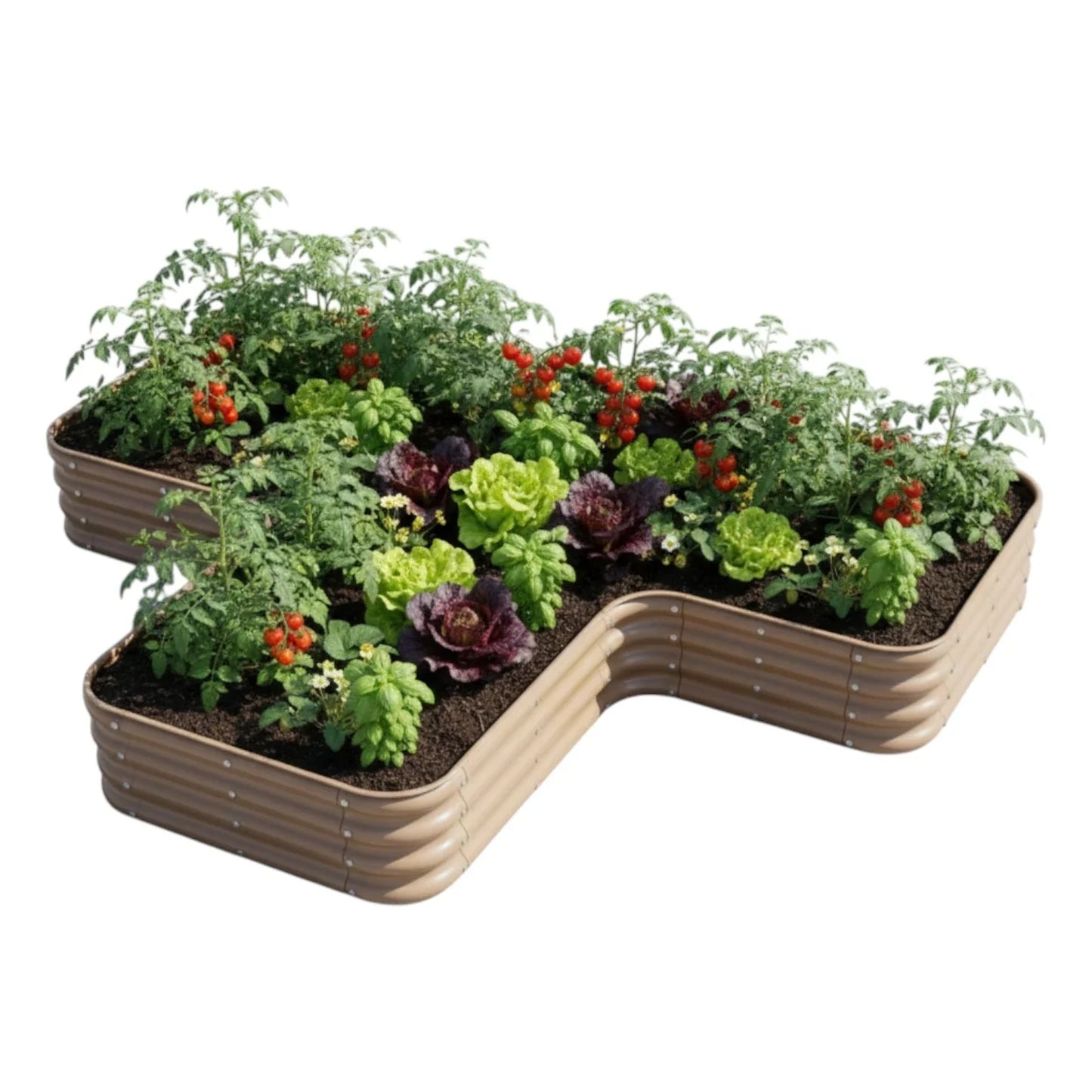 Şekilli bahçe yatağı No:15 bej – T formu 240x190x30 cm, bahçede sebze ekili kullanım