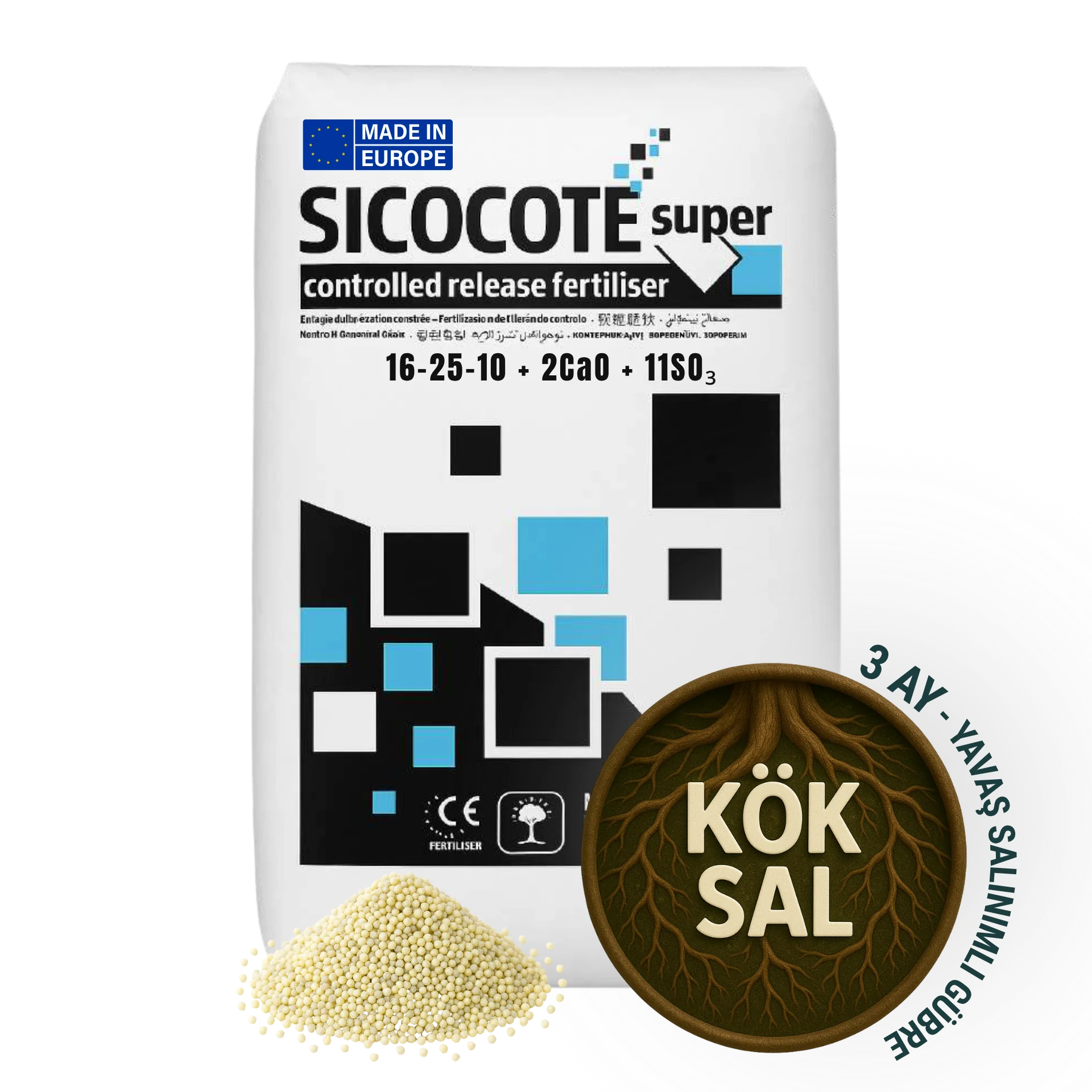 SICOCOTE Super CRF 16-25-10 + 2CaO + 11SO₃ | Kontrollü Salınımlı Granül Gübre | 25 KG | Made in EU