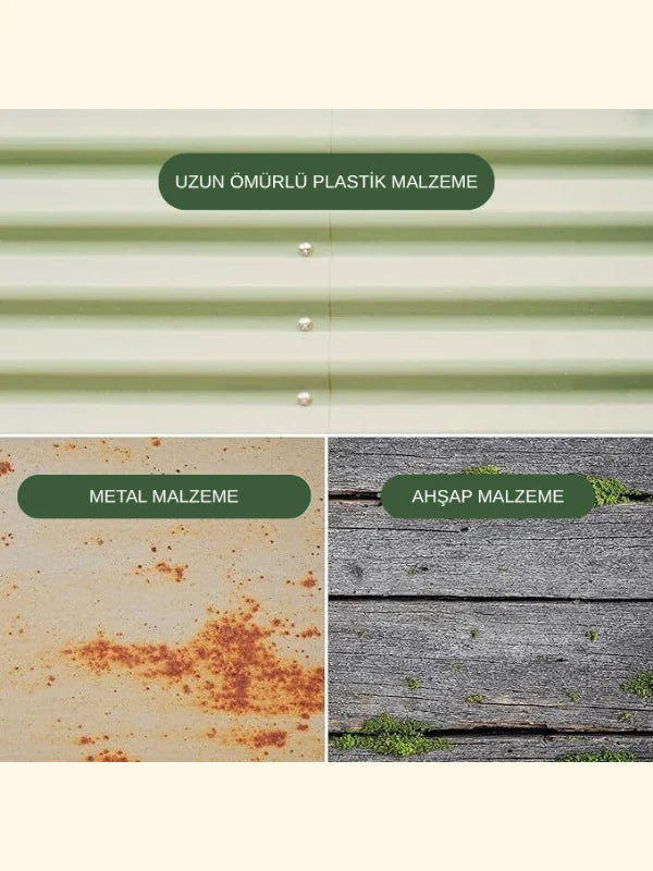 Şekilli bahçe yatağı No:23 bej – U formu 110x110x30 cm, bahçede sebze ekili kullanım