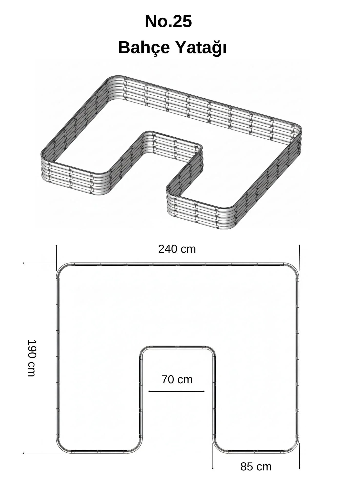 Şekilli bahçe yatağı No:25 bej – U formu 240x190x30 cm, bahçede sebze ekili kullanım