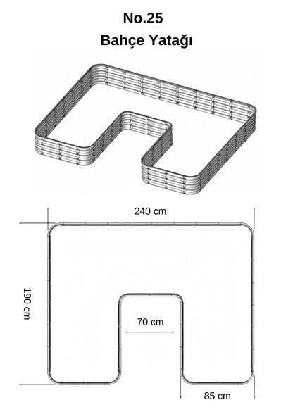 Şekilli bahçe yatağı No:25 bej – U formu 240x190x30 cm, bahçede sebze ekili kullanım