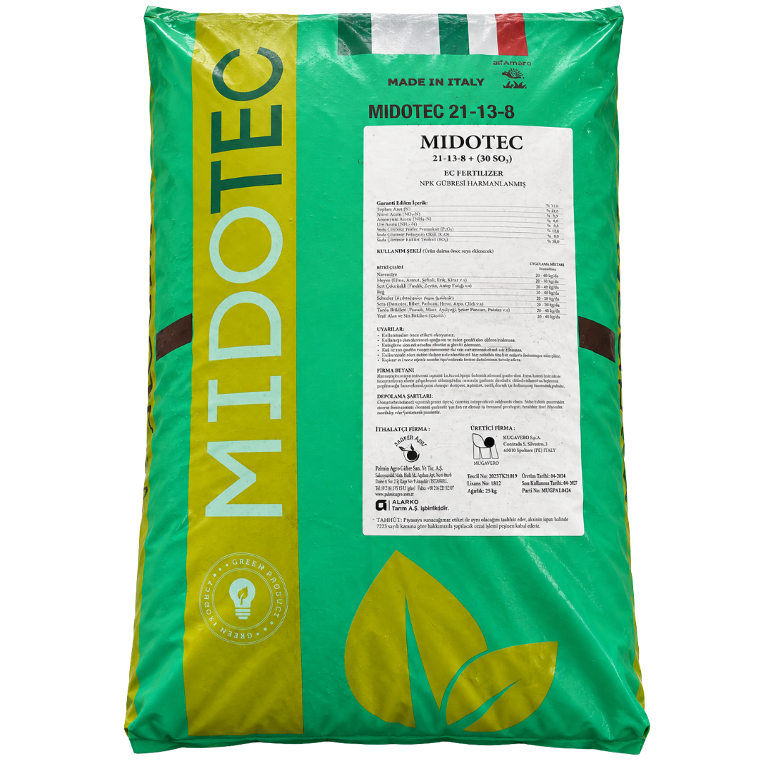 MIDOTEC 21-13-8 + %30 SO₃ 25 kg granül gübre ambalajı