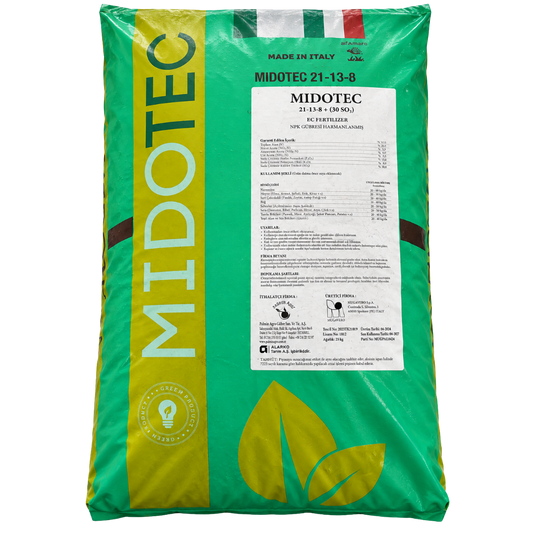 MIDOTEC 21-13-8 + %30 SO₃ 25 kg granül gübre ambalajı