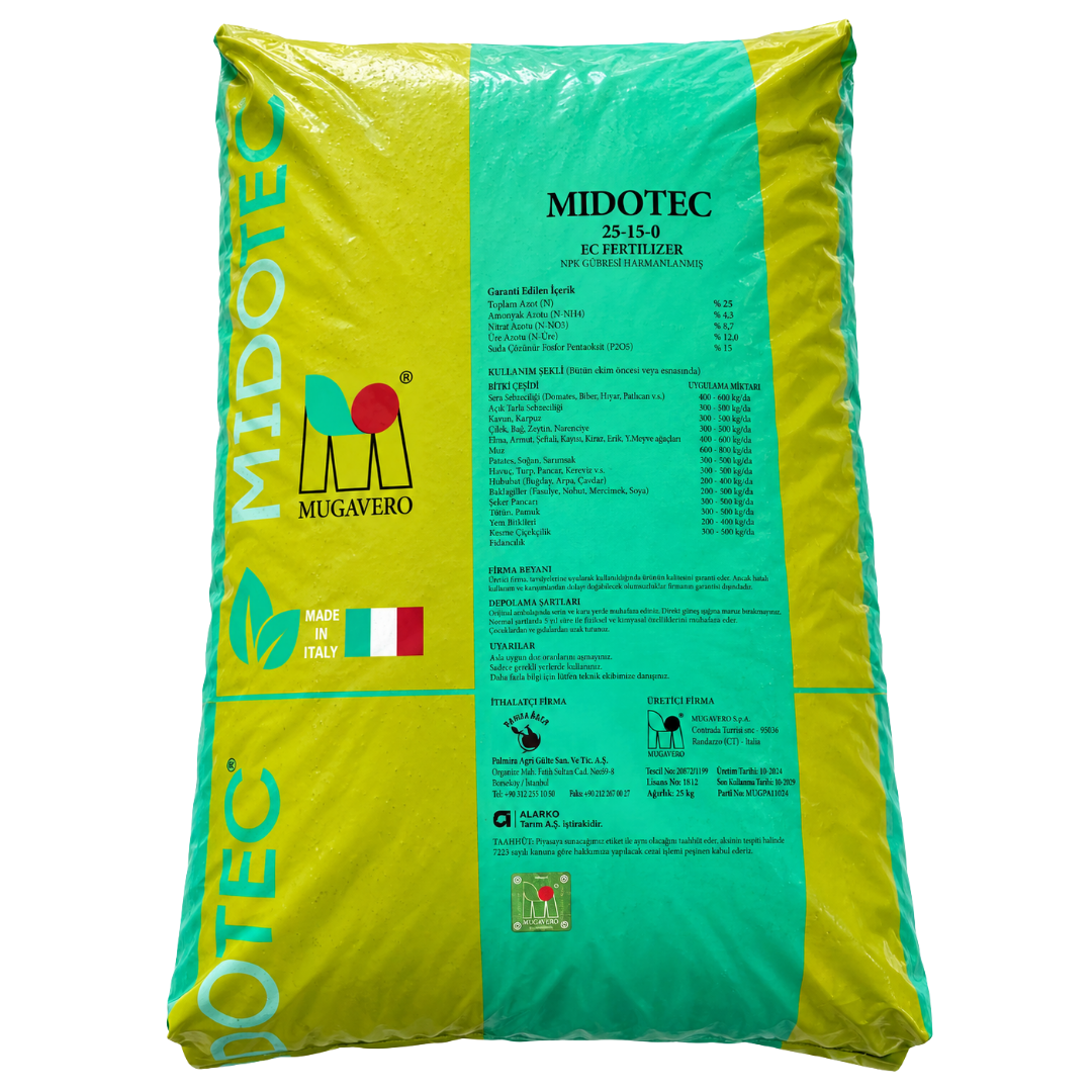 MIDOTEC 25-15-0 25 kg granül gübre ambalajı