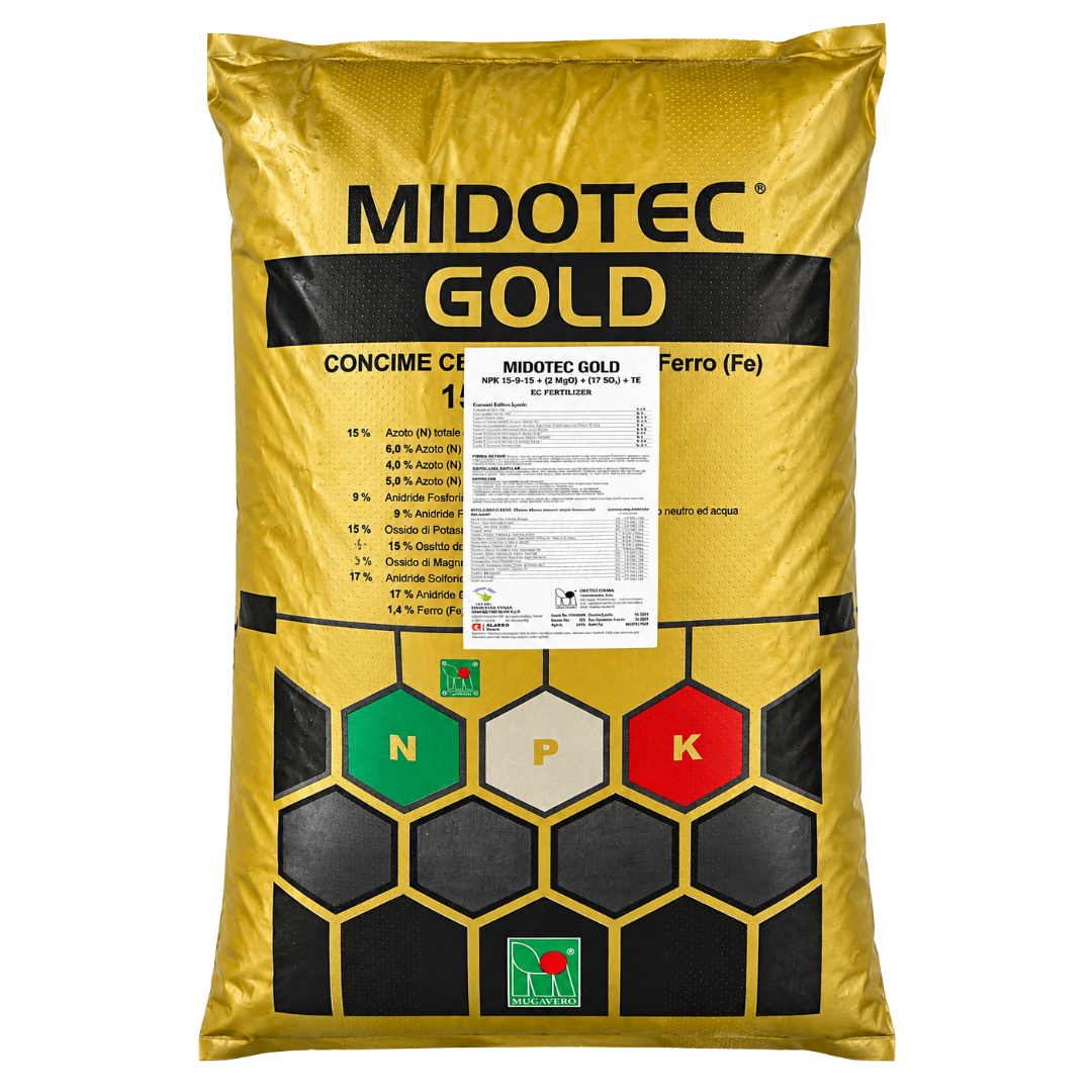 MIDOTEC GOLD 15-9-15 + %2 MgO + %17 SO₃ + TE 25 kg granül gübre ambalajı