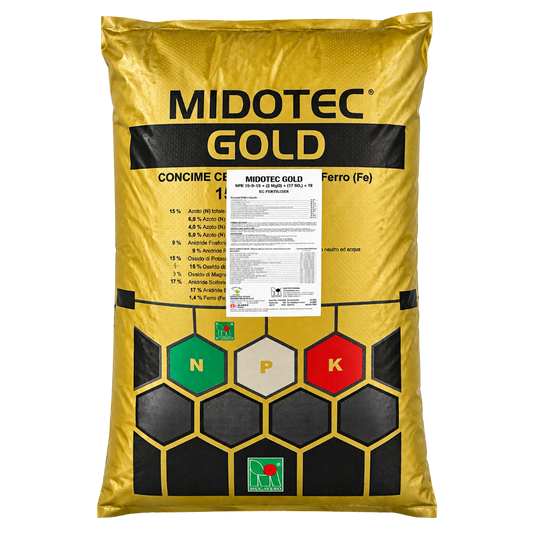 MIDOTEC GOLD 15-9-15 + %2 MgO + %17 SO₃ + TE 25 kg granül gübre ambalajı
