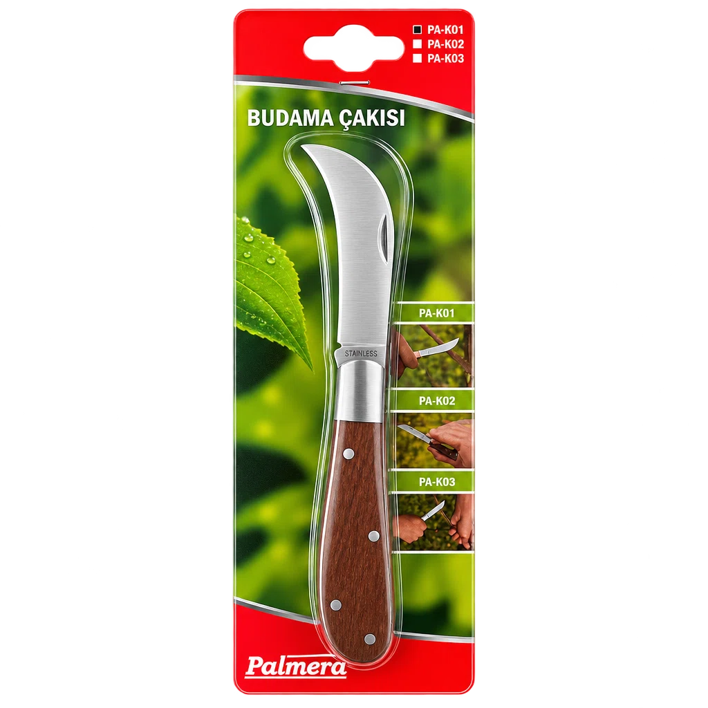 Palmera PA-K01 budama çakısı, kavisli paslanmaz bıçak ve ahşap sap